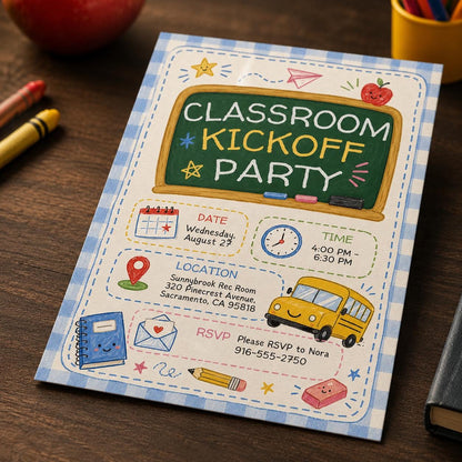 School Bus Classroom Kickoff Party Invitation — print-ready back-to-school event design from VoltBy