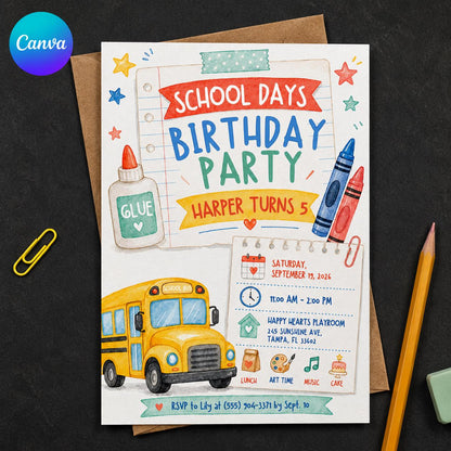 School Bus School 5th Birthday Invitation — editable Canva template