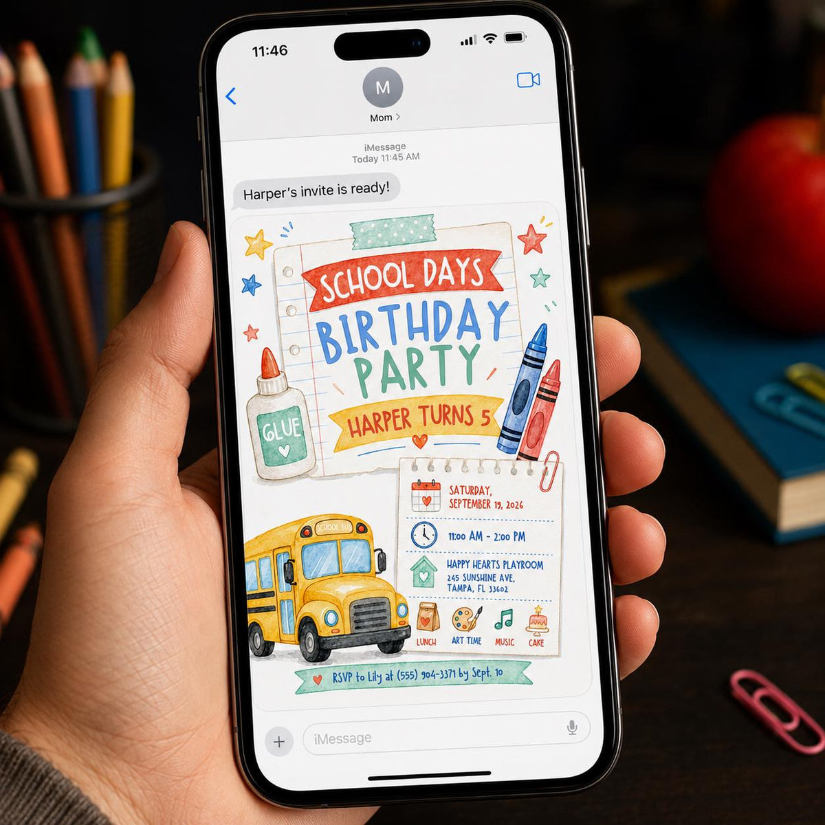School Bus School 5th Birthday Invitation — invitation you personalize in Canva