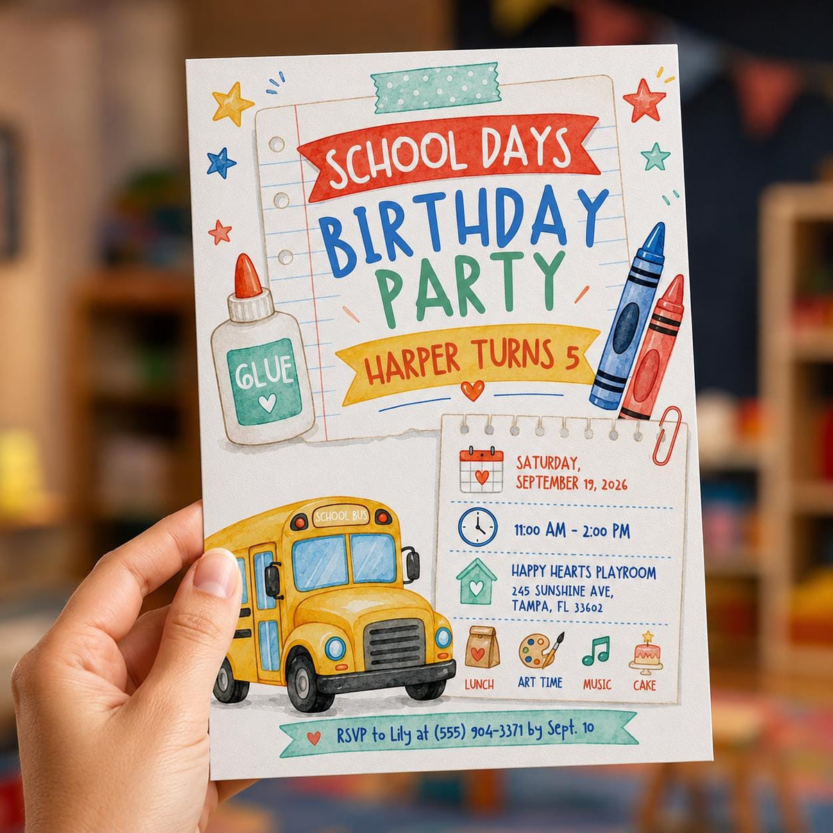 School Bus School 5th Birthday Invitation — print-ready 5th birthday party design from VoltBy