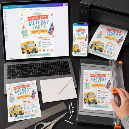 School Bus School 5th Birthday Invitation — digital invitation, instant download