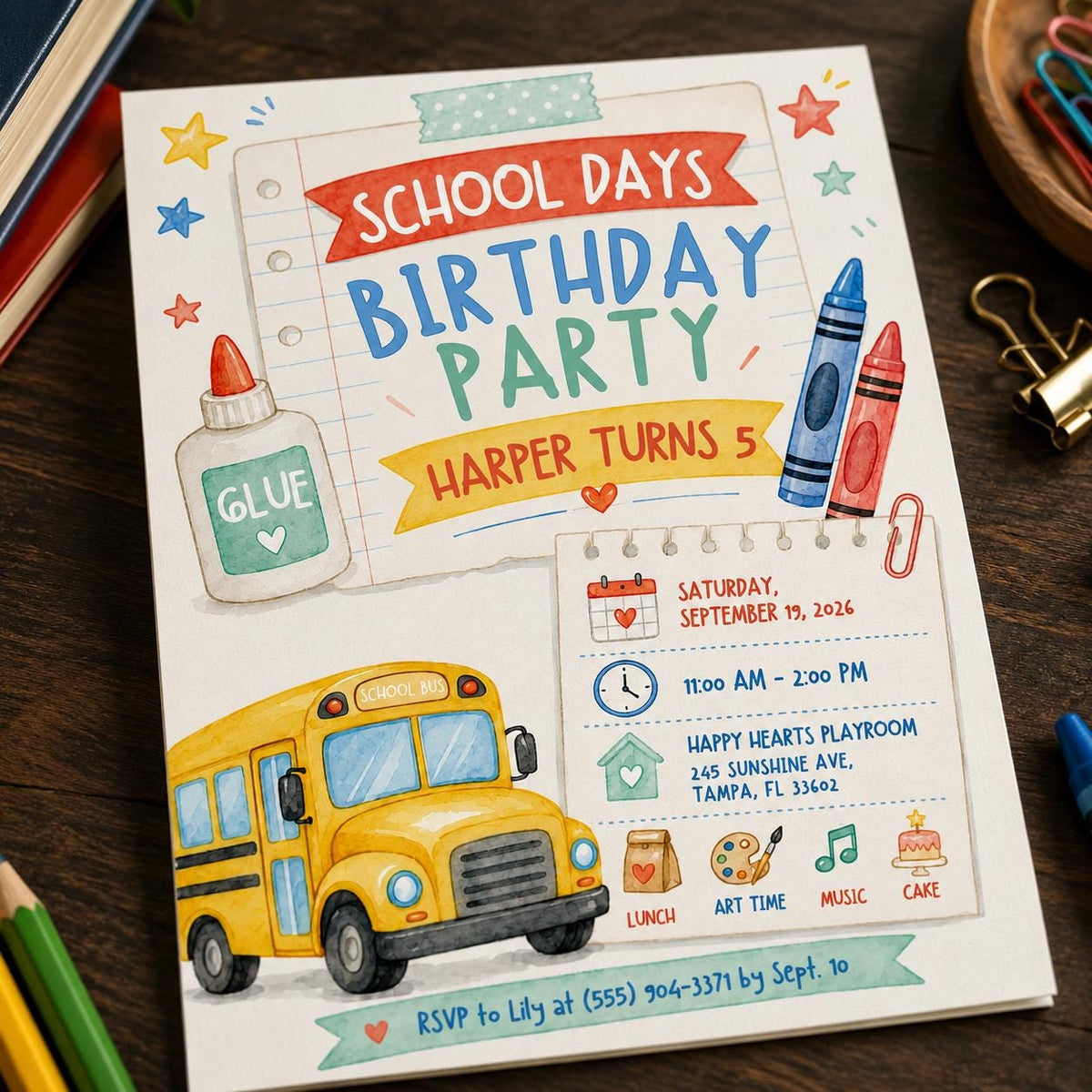 School Bus School 5th Birthday Invitation — 5th birthday party stationery by VoltBy