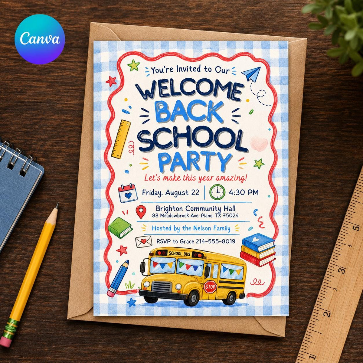 School Bus Welcome Back School Party Invitation — editable Canva template