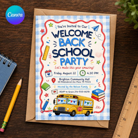 School Bus Welcome Back School Party Invitation — editable Canva template
