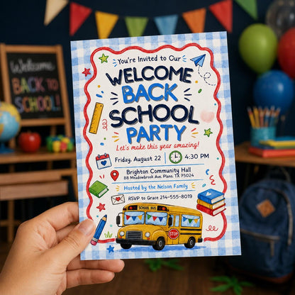 School Bus Welcome Back School Party Invitation — print-ready back-to-school event design from VoltBy