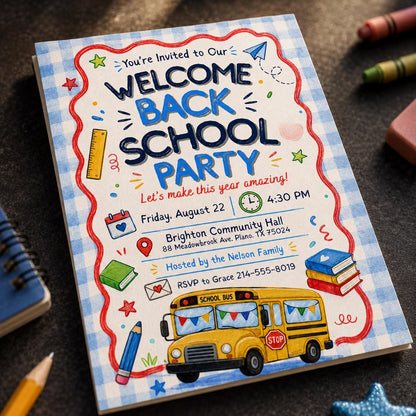School Bus Welcome Back School Party Invitation — back-to-school event stationery by VoltBy
