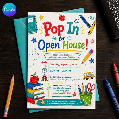 School Open House Invitation — editable Canva template