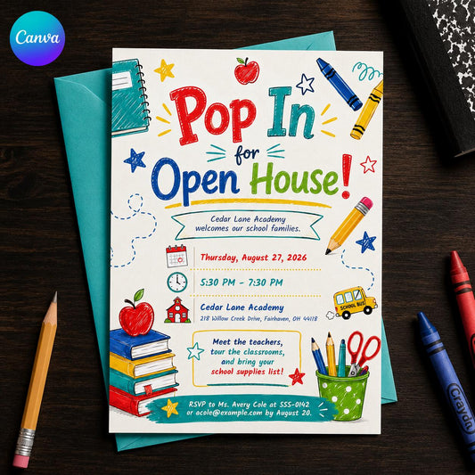 School Open House Invitation — editable Canva template