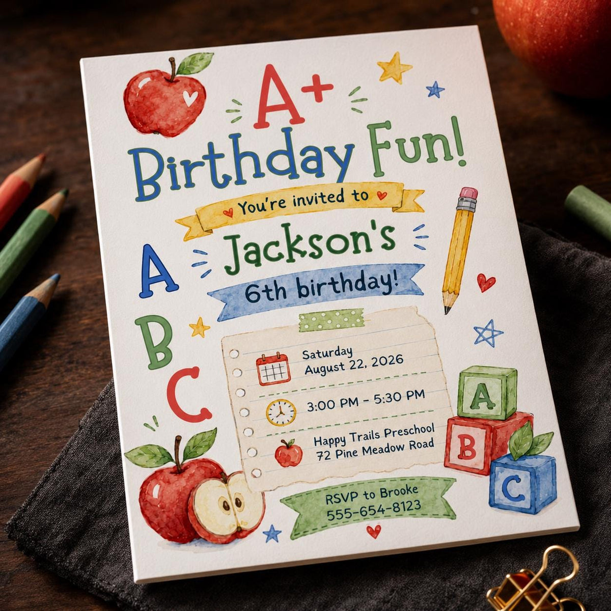 School Supplies Back to School 6th Birthday Invitation — invitation you personalize in Canva