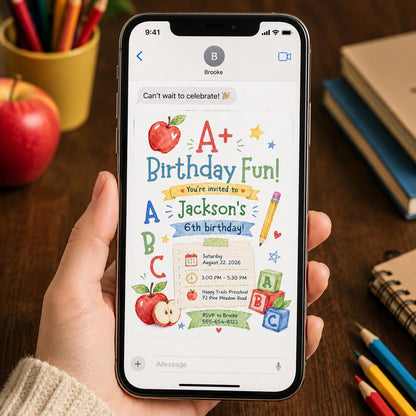 School Supplies Back to School 6th Birthday Invitation — digital invitation, instant download