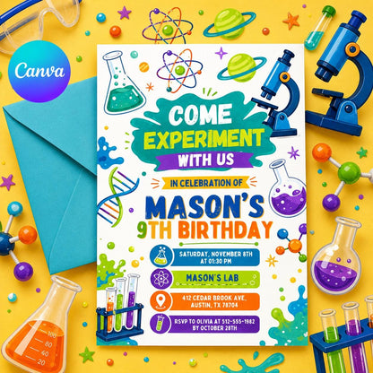 Science Experiment Birthday Invitation for Boys — editable Canva template