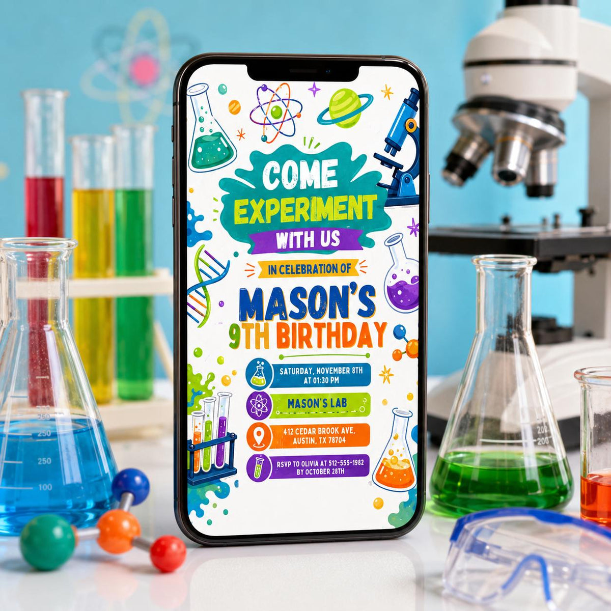 Science Experiment Birthday Invitation for Boys — print-ready birthday party design from VoltBy