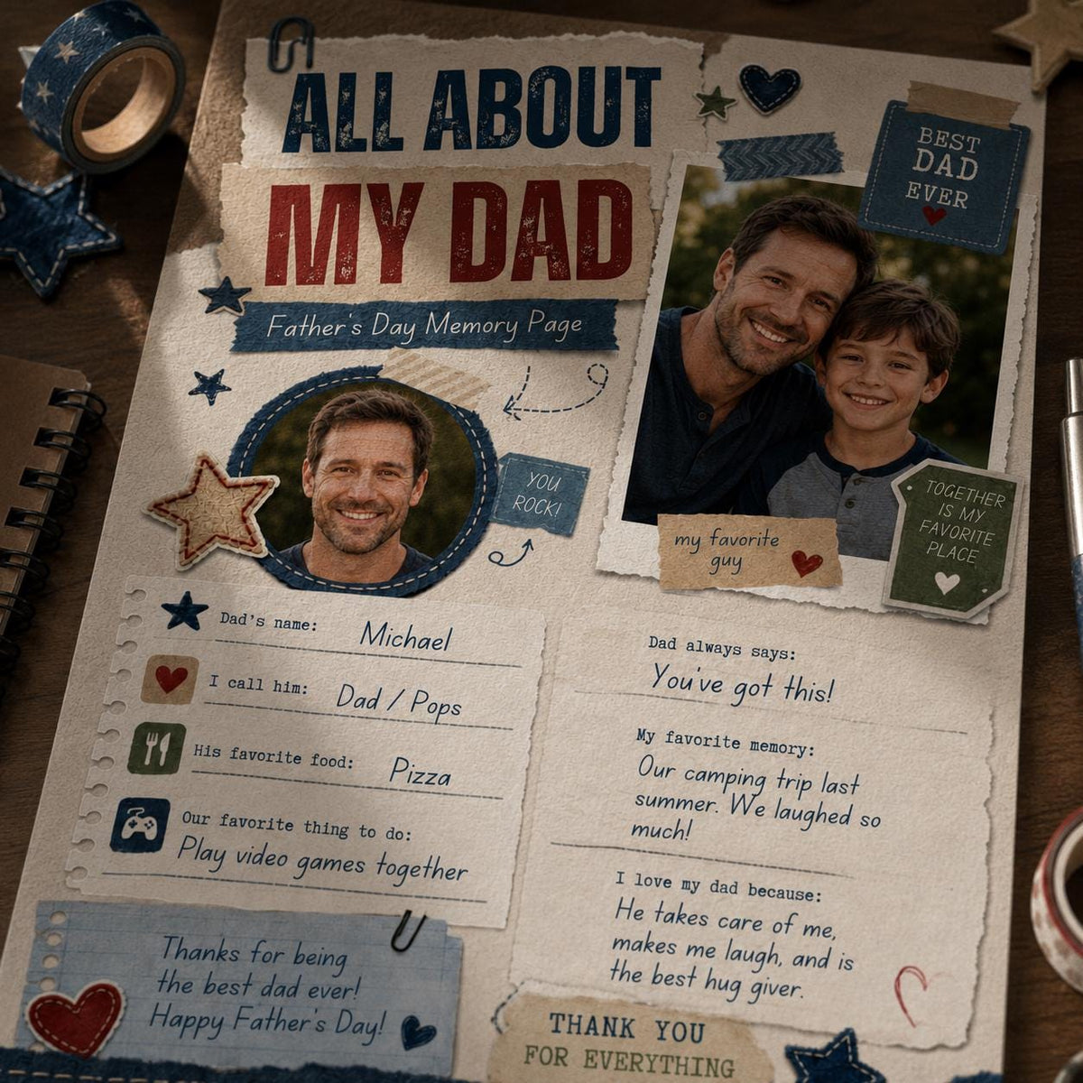 Scrapbook All About My Dad Photo Worksheet — denim artwork in burgundy and cream