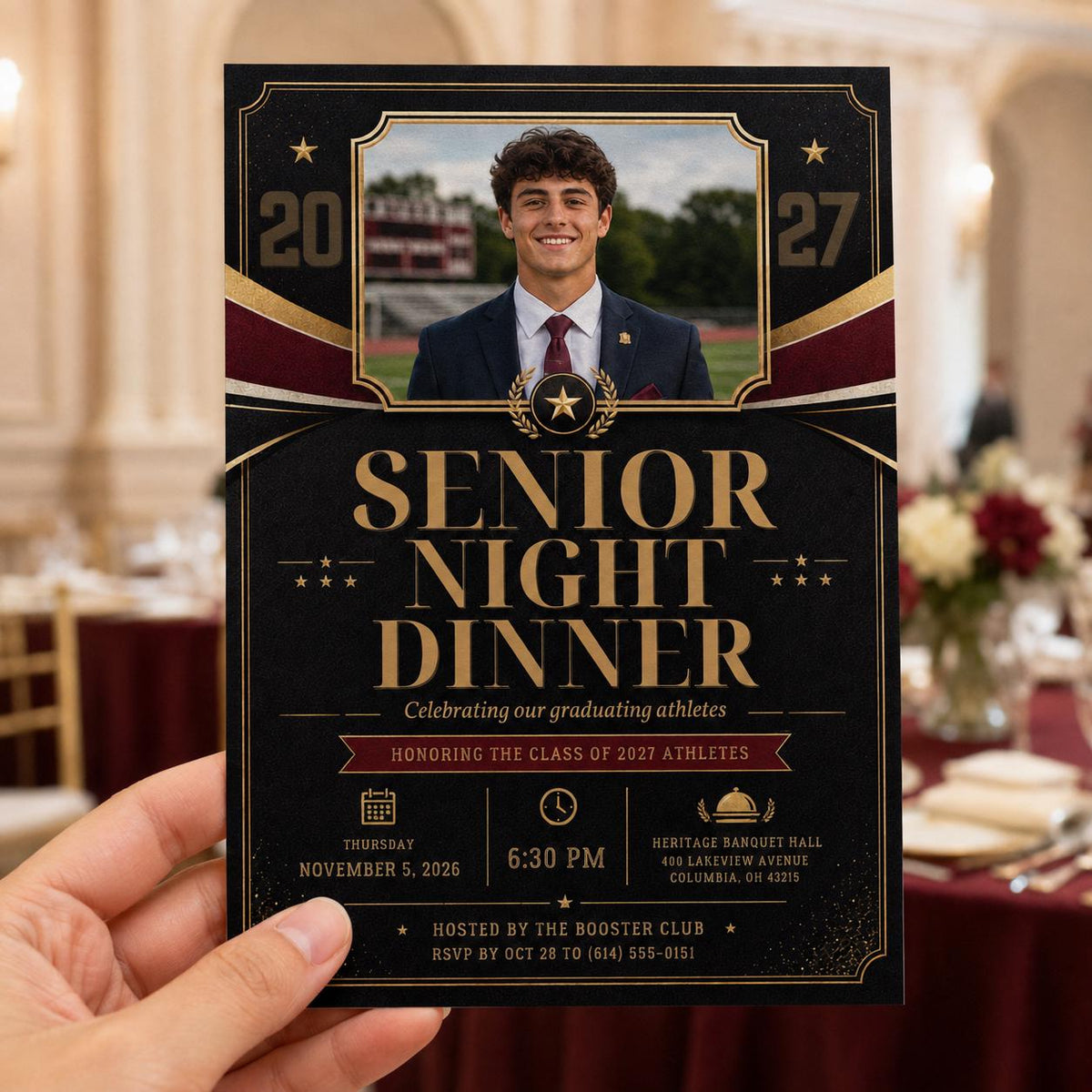 Senior Night Dinner Invitation — print-ready graduation party design from VoltBy