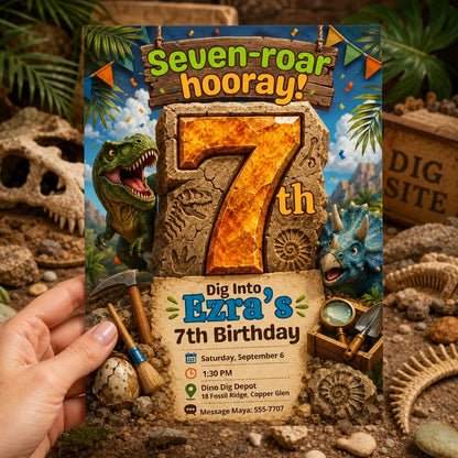 Seven-Roar Dinosaur 7th Birthday Invitation with Fossil Frame — tools design