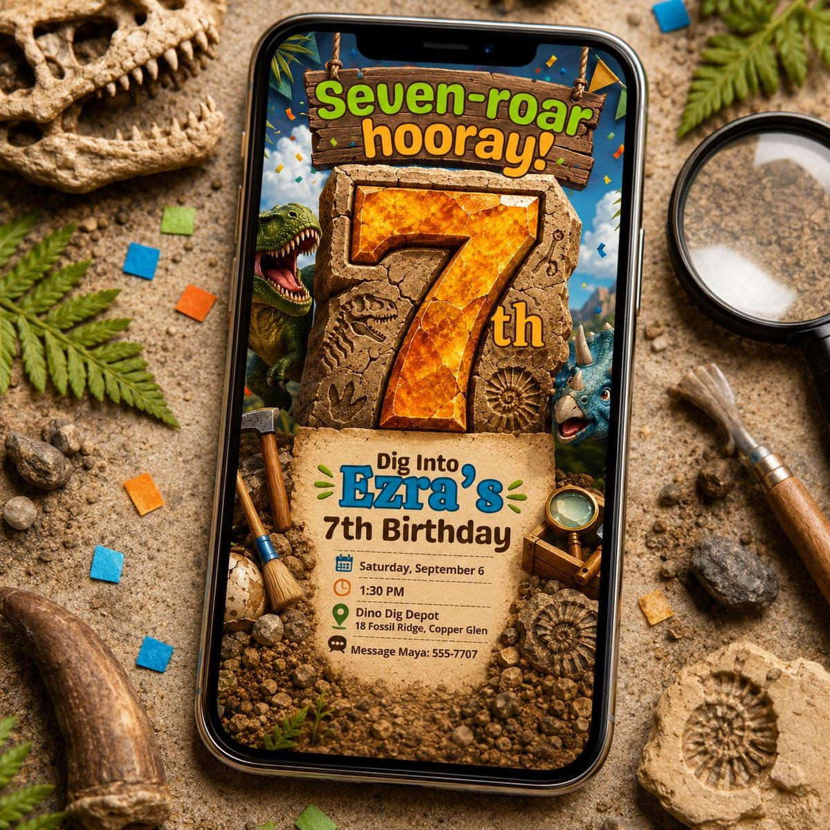 Seven-Roar Dinosaur 7th Birthday Invitation with Fossil Frame — invitation you personalize in Canva