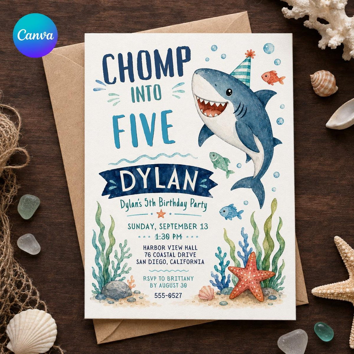 Shark 5th Birthday Invitation — editable Canva template
