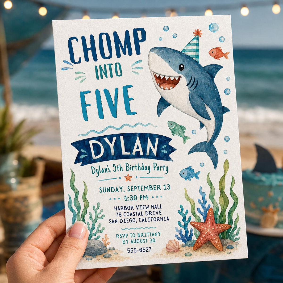Shark 5th Birthday Invitation — invitation you personalize in Canva