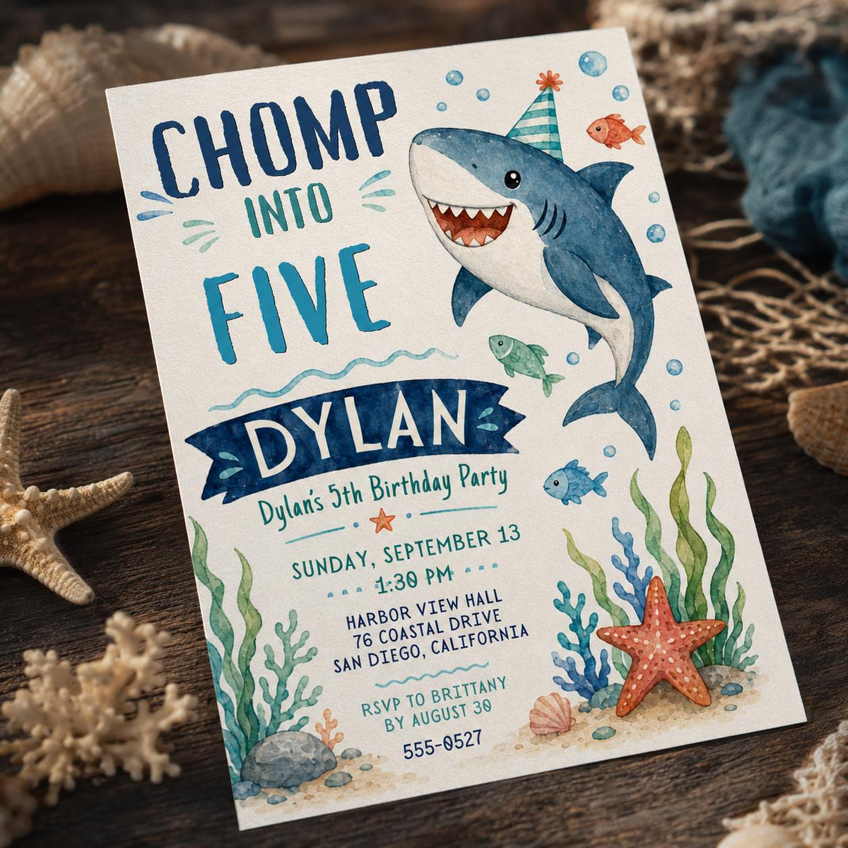 Shark 5th Birthday Invitation — digital invitation, instant download