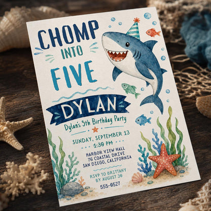 Shark 5th Birthday Invitation — digital invitation, instant download