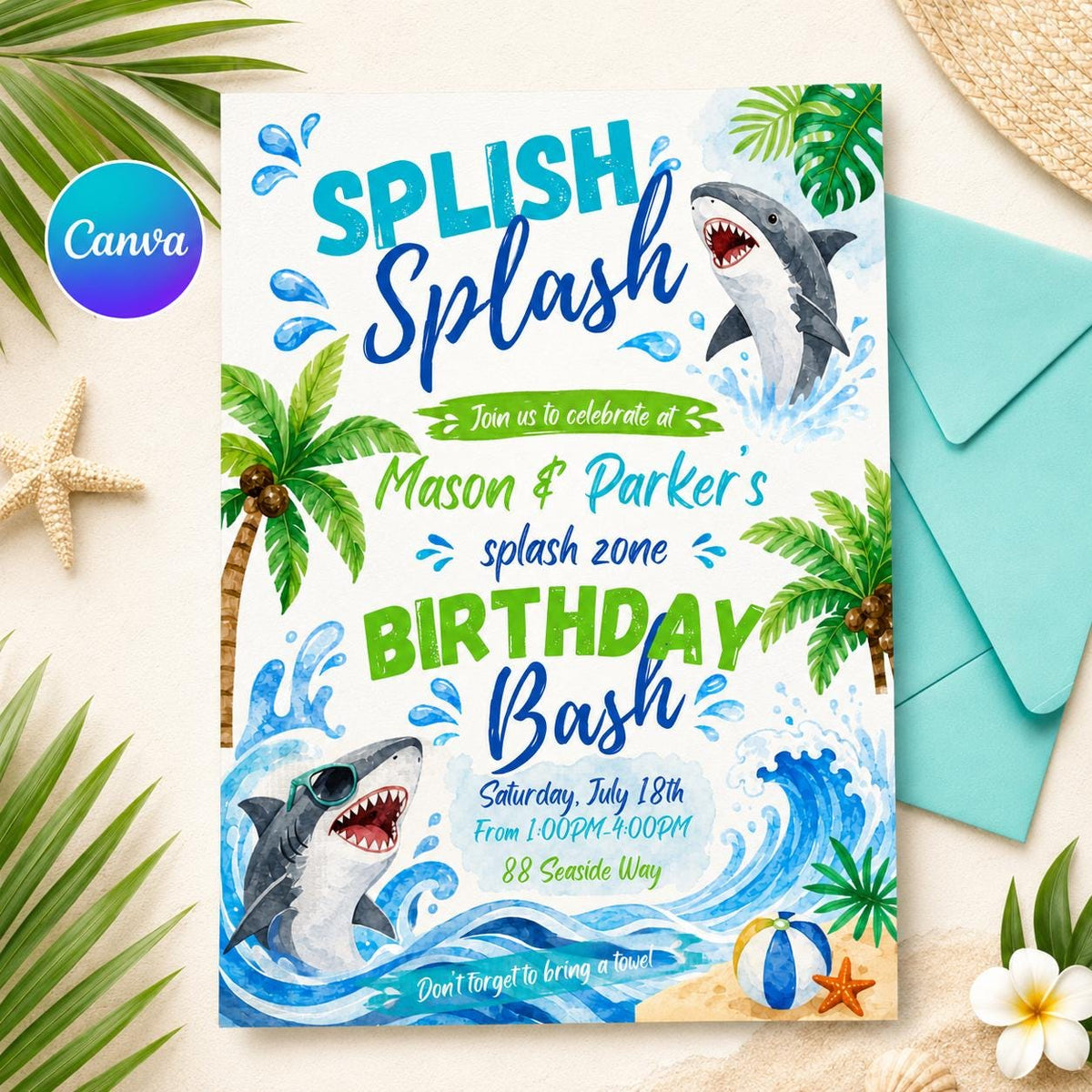 Shark Birthday Invitation: Summer Pool Party Bash — editable Canva template