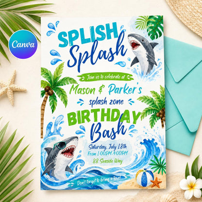 Shark Birthday Invitation: Summer Pool Party Bash — editable Canva template
