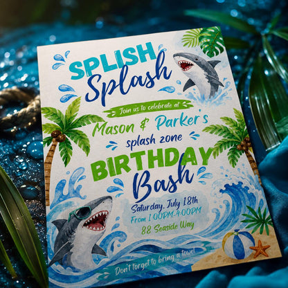 Shark Birthday Invitation: Summer Pool Party Bash — invitation you personalize in Canva