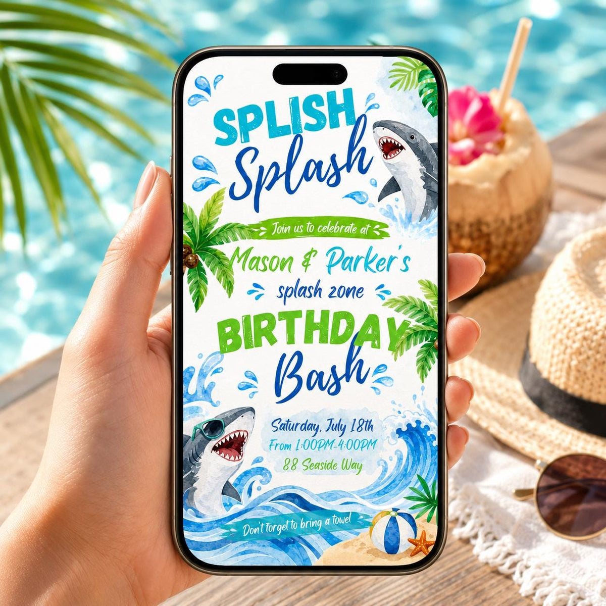 Shark Birthday Invitation: Summer Pool Party Bash — print-ready birthday party design from VoltBy