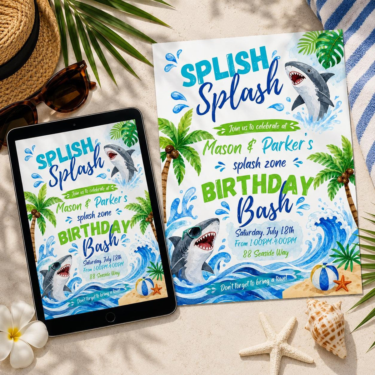 Shark Birthday Invitation: Summer Pool Party Bash — digital invitation, instant download