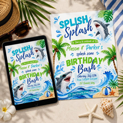 Shark Birthday Invitation: Summer Pool Party Bash — digital invitation, instant download