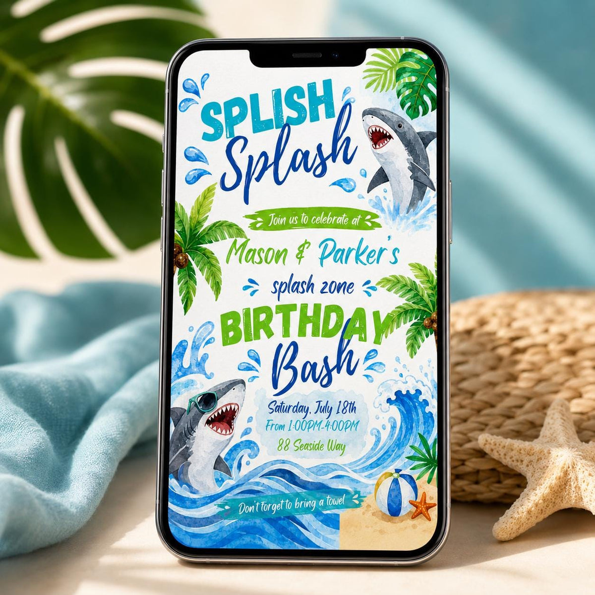 Shark Birthday Invitation: Summer Pool Party Bash — design view 2