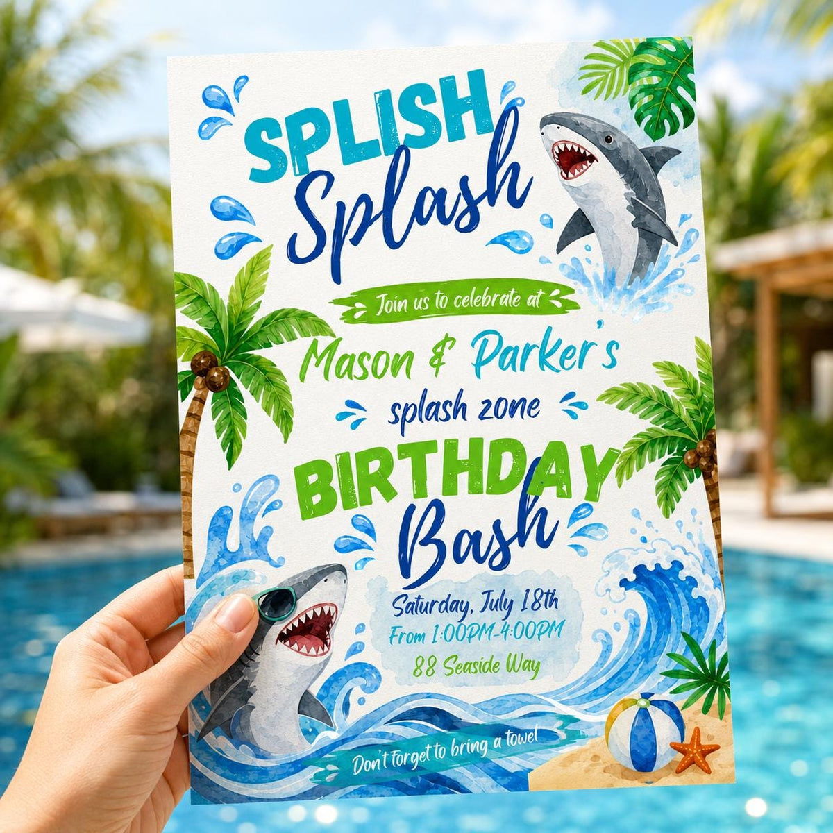 Shark Birthday Invitation: Summer Pool Party Bash — design view 4