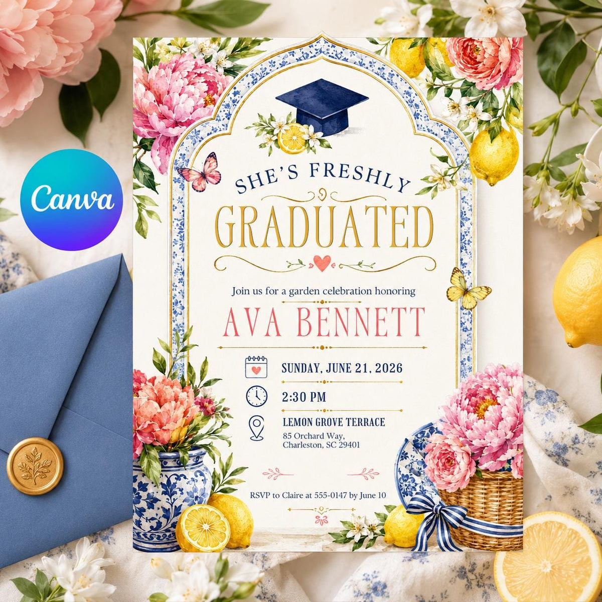 She's Freshly Graduated Floral Lemon Invitation — editable Canva template