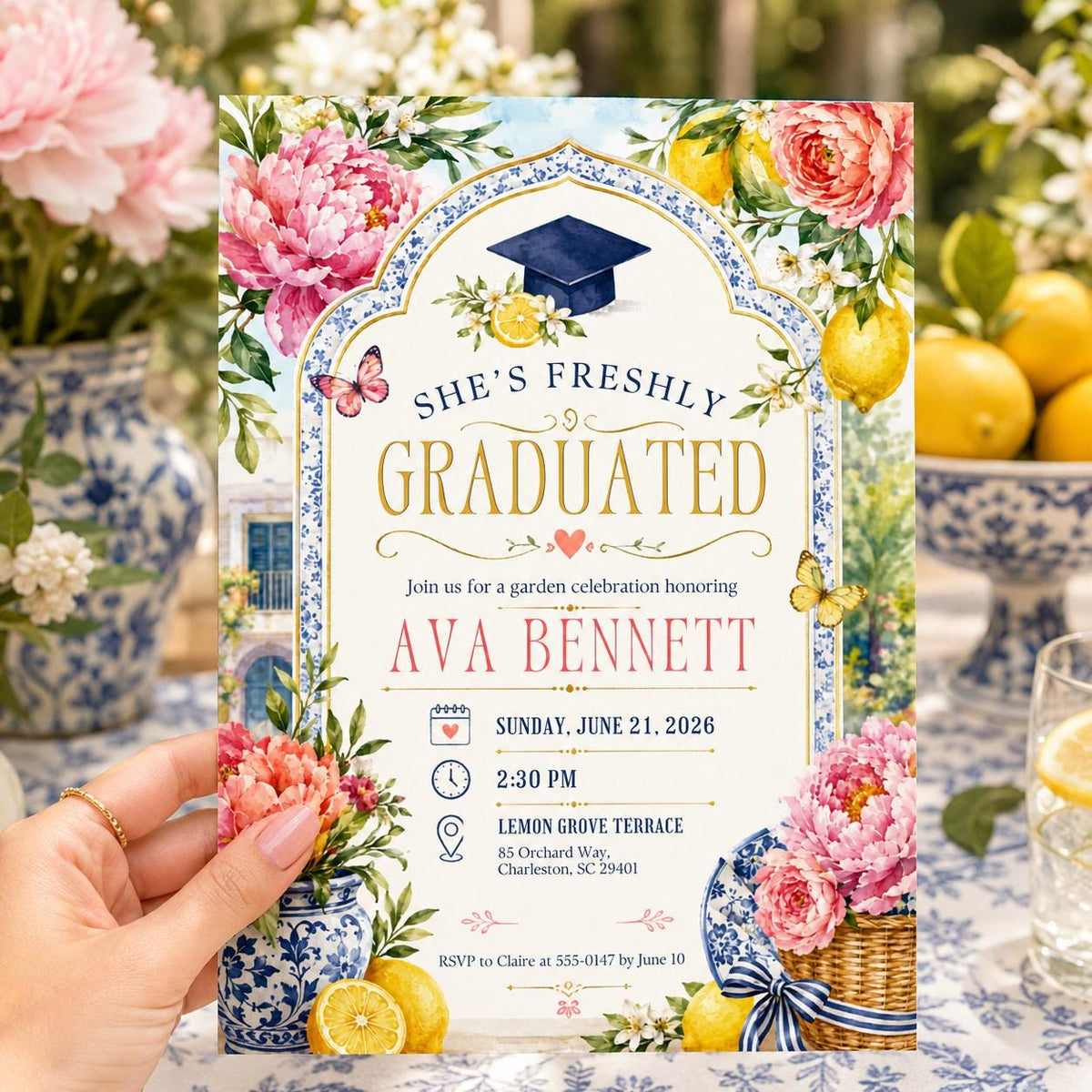 She's Freshly Graduated Floral Lemon Invitation — invitation you personalize in Canva