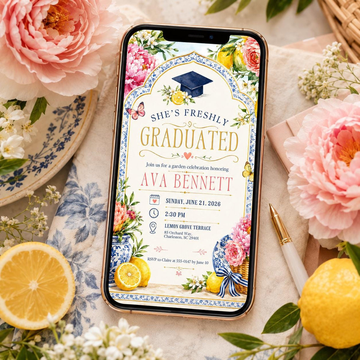 She's Freshly Graduated Floral Lemon Invitation — print-ready graduation party design from VoltBy
