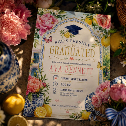 She's Freshly Graduated Floral Lemon Invitation — digital invitation, instant download