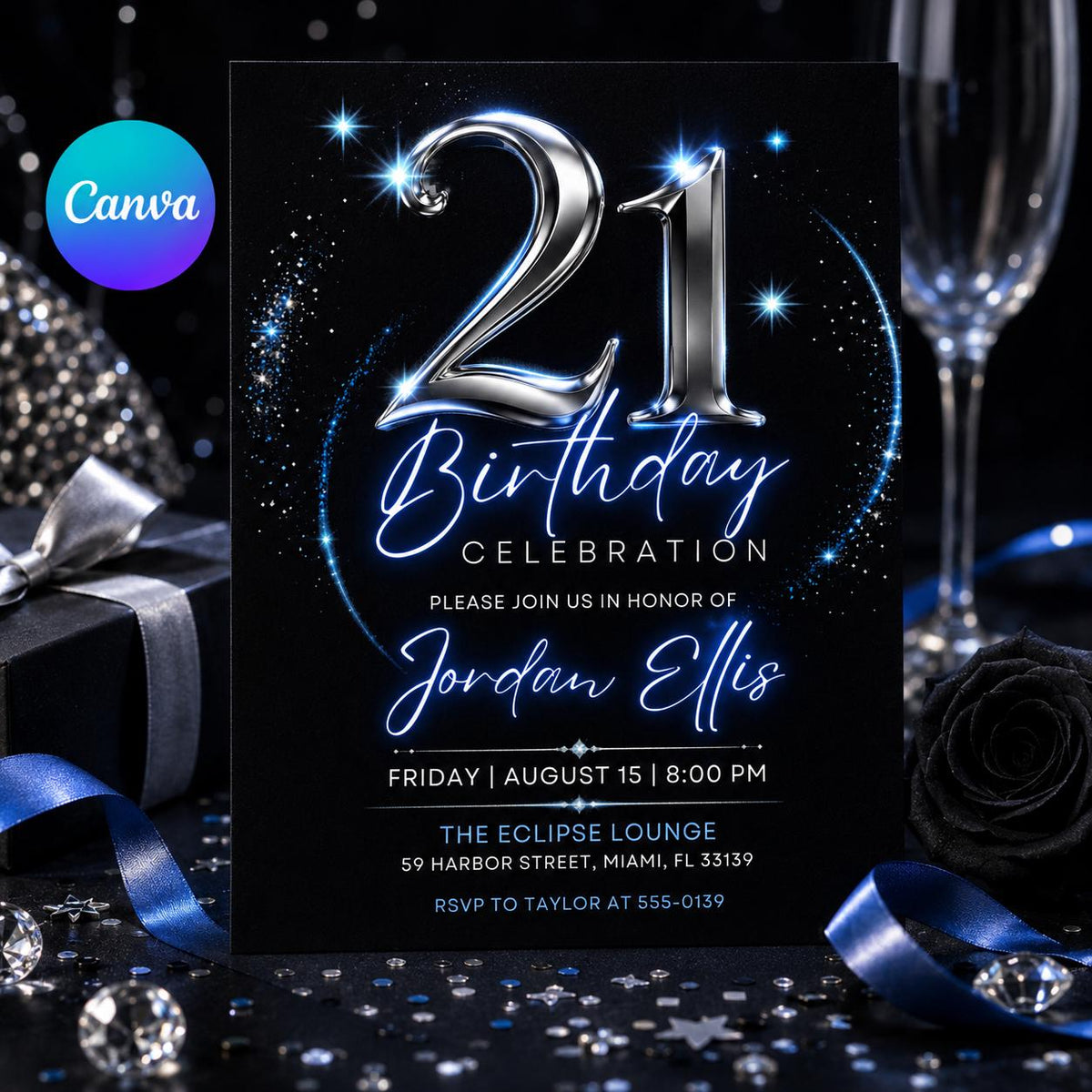 Silver Elegant 21st Birthday Celebration Invitation — invitation you personalize in Canva