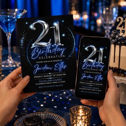 Silver Elegant 21st Birthday Celebration Invitation — digital invitation, instant download