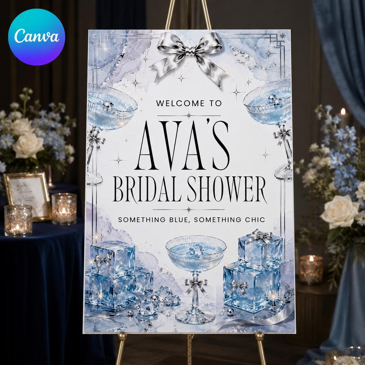 Silver Modern Something Blue Bridal Shower Welcome Sign — editable Canva template