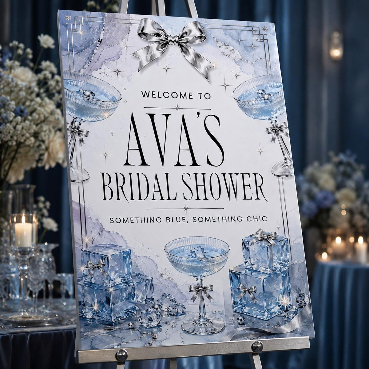 Silver Modern Something Blue Bridal Shower Welcome Sign — welcome sign you personalize in Canva