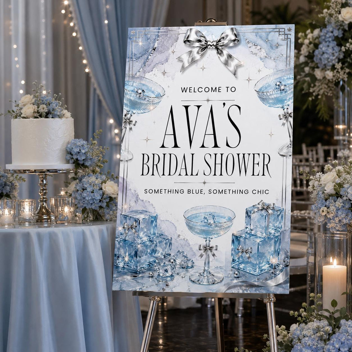Silver Modern Something Blue Bridal Shower Welcome Sign — print-ready bridal shower design from VoltBy