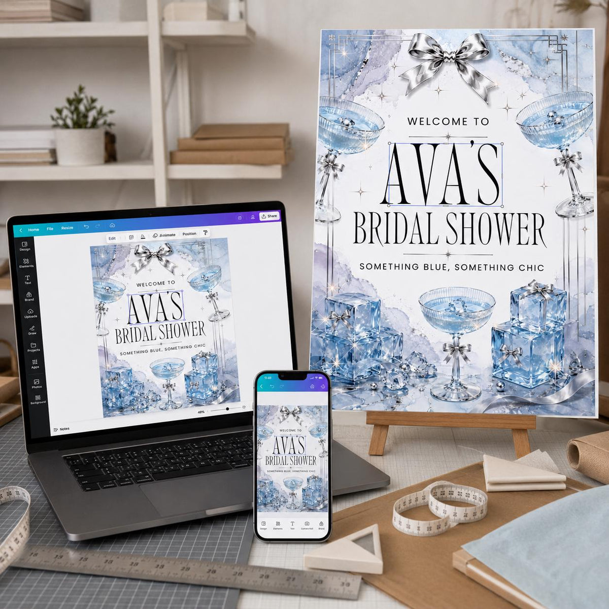 Silver Modern Something Blue Bridal Shower Welcome Sign — digital welcome sign, instant download