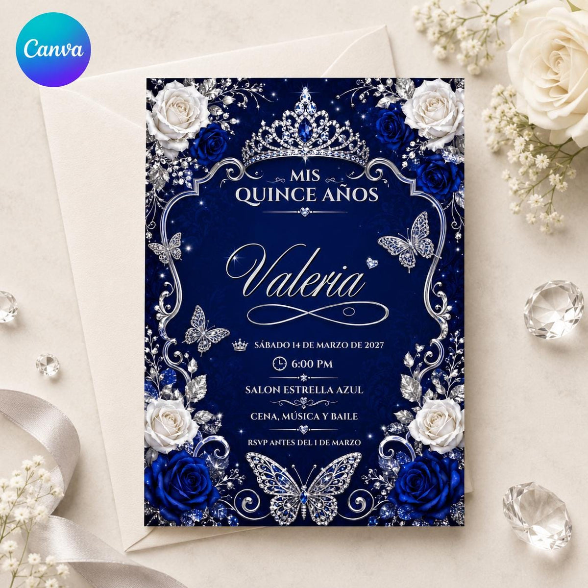 Silver Royal Blue Quinceanera Invitation — editable Canva template