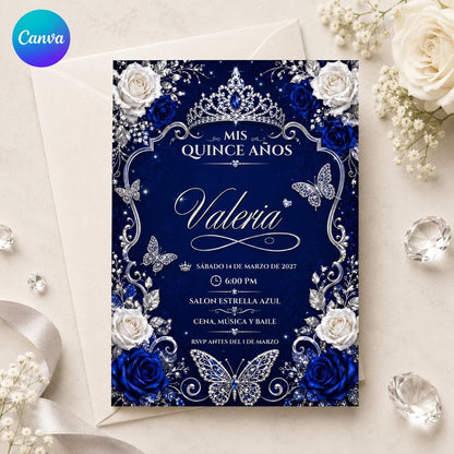 Silver Royal Blue Quinceanera Invitation — editable Canva template