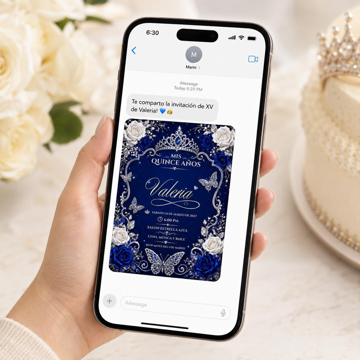 Silver Royal Blue Quinceanera Invitation — invitation you personalize in Canva