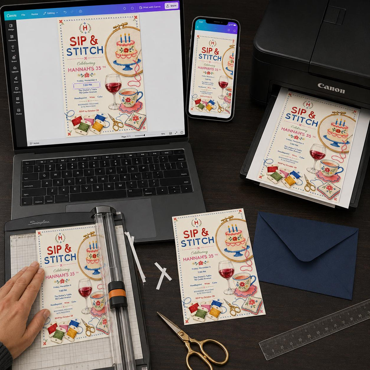 Sip and Stitch 35th Birthday Invitation — invitation you personalize in Canva