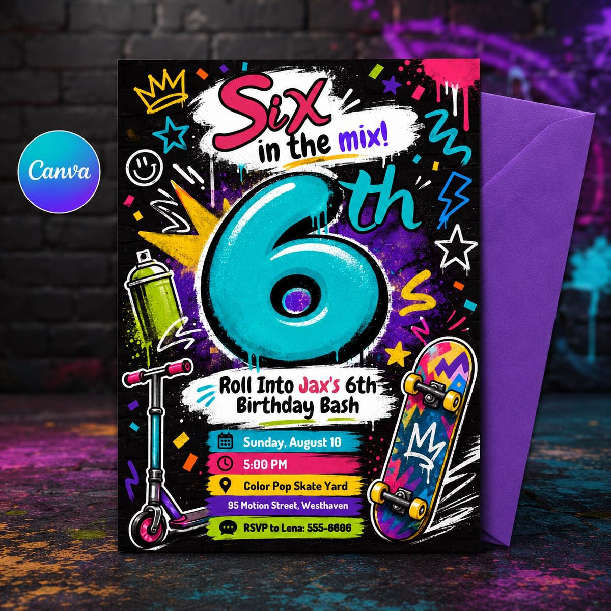 Six in the Mix Scooter and Skateboard Birthday Invitation — editable Canva template