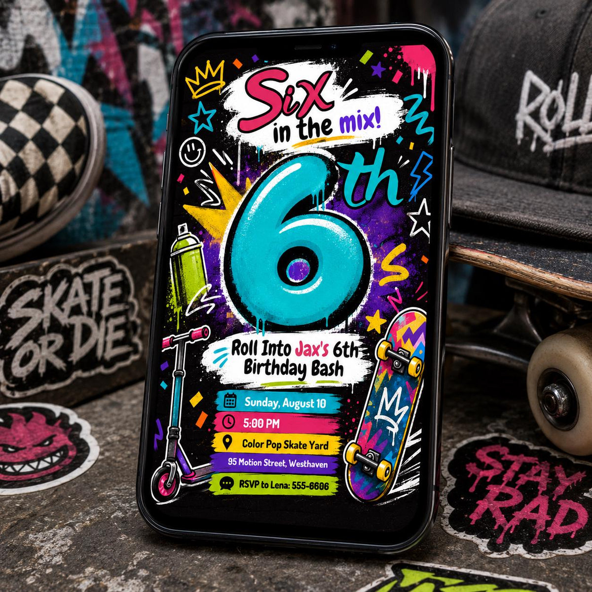 Six in the Mix Scooter and Skateboard Birthday Invitation in black pink