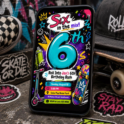 Six in the Mix Scooter and Skateboard Birthday Invitation in black pink