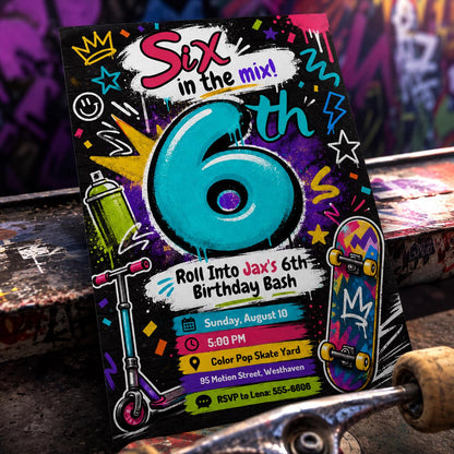 Six in the Mix Scooter and Skateboard Birthday Invitation — graffiti design